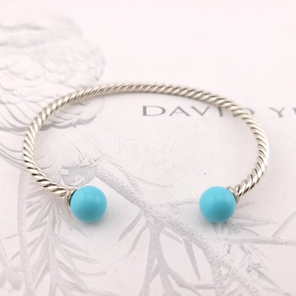 David Yurman Sterling Silver Diamonds & Turquoise Solari 3.5mm Bangle Bracelet - Picture 1 of 10